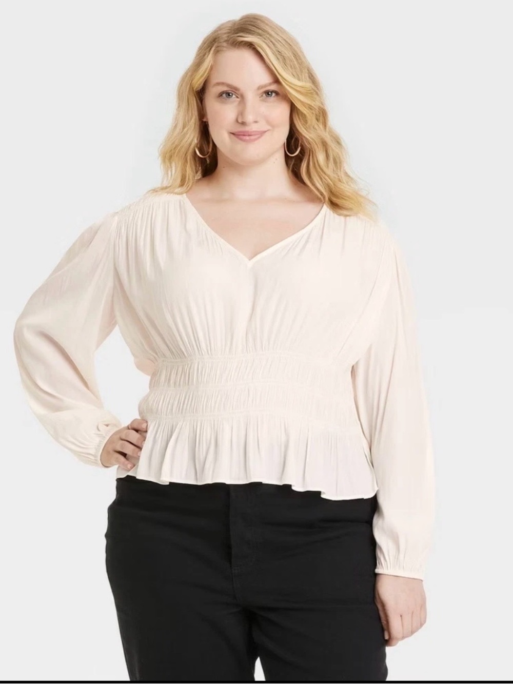 Universal Thread Cream Smocked Waist V-Neck Peplum Blouse
